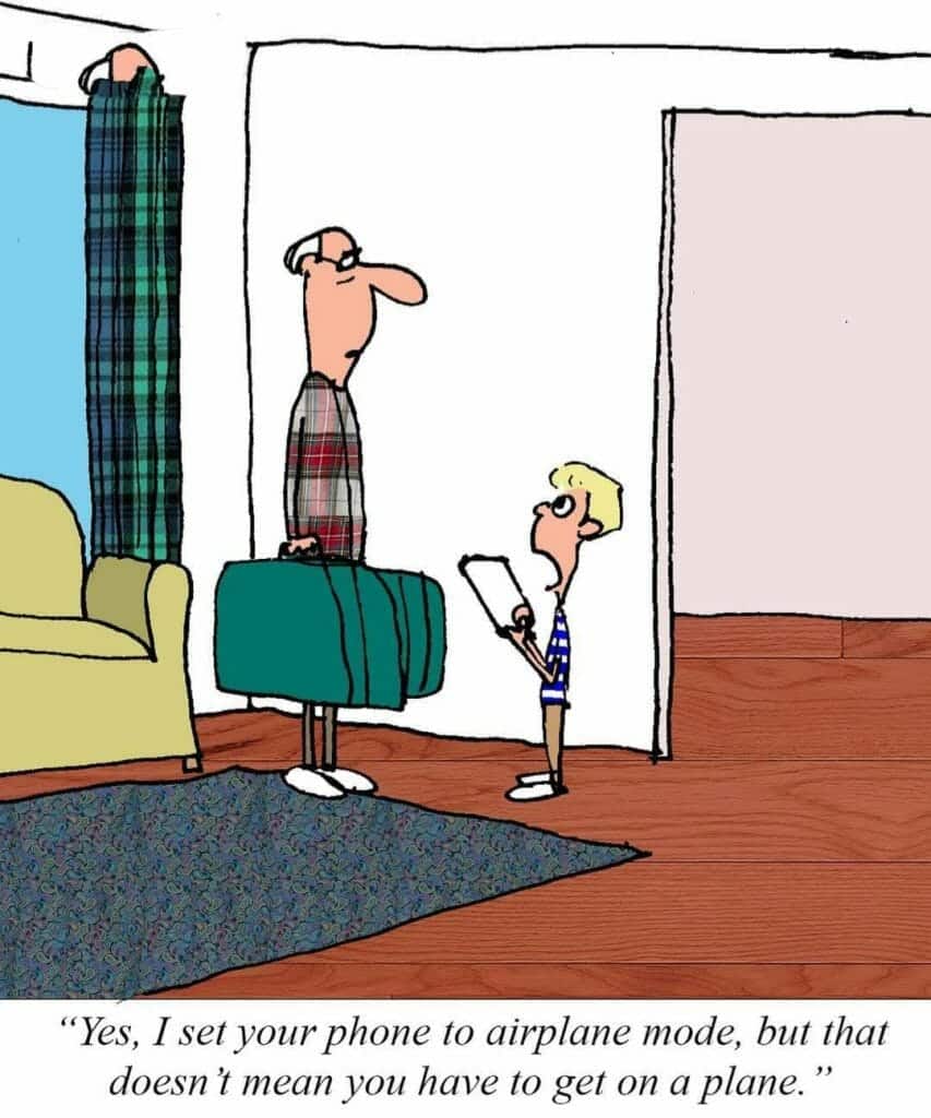 Cartoon of a man holding a suitcase, standing in front of a boy who is holding a phone, with the boy explaining that airplane mode on a phone doesn't require boarding a plane.