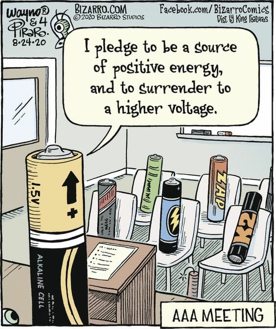 Comic showing anthropomorphic AAA batteries in a classroom setting, one battery pledging to be a source of positive energy and surrender to a higher voltage.