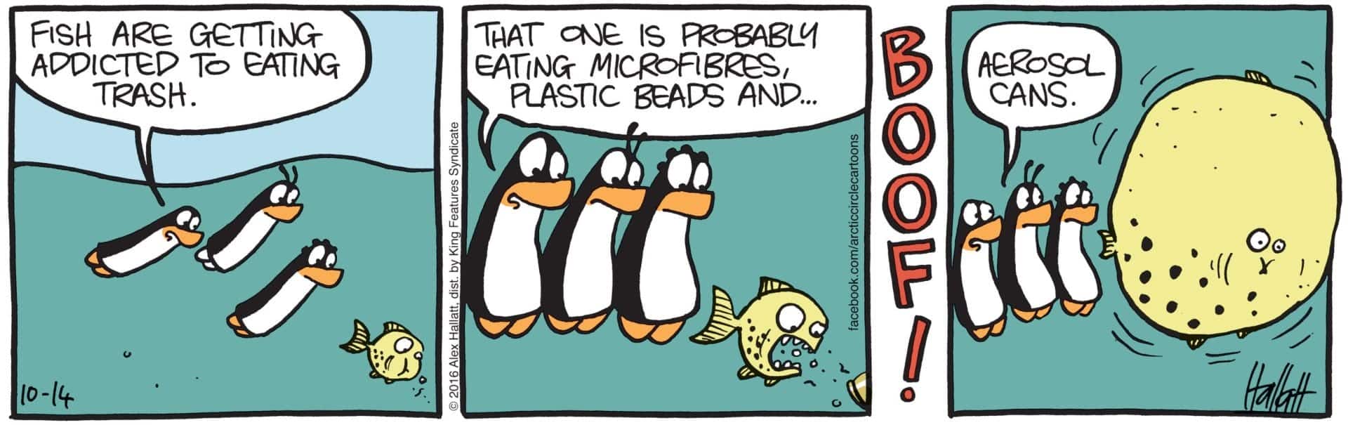 Cartoon penguins watching a fish eating a large round object labeled as an aerosol can underwater.