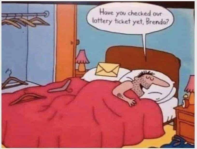 Cartoon man in bed asking if Brenda has checked the lottery ticket, while an envelope rests on the pillow.