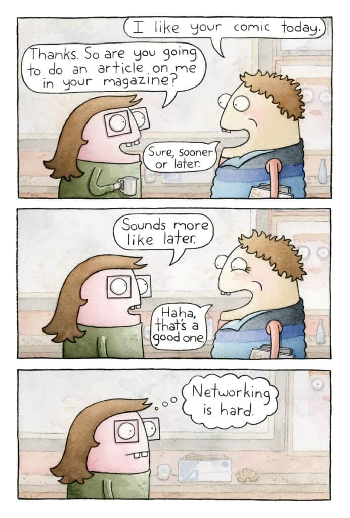 Comic strip showing a conversation between two people about writing an article featuring one person's comic, with a humorous exchange highlighting procrastination and awkward networking.