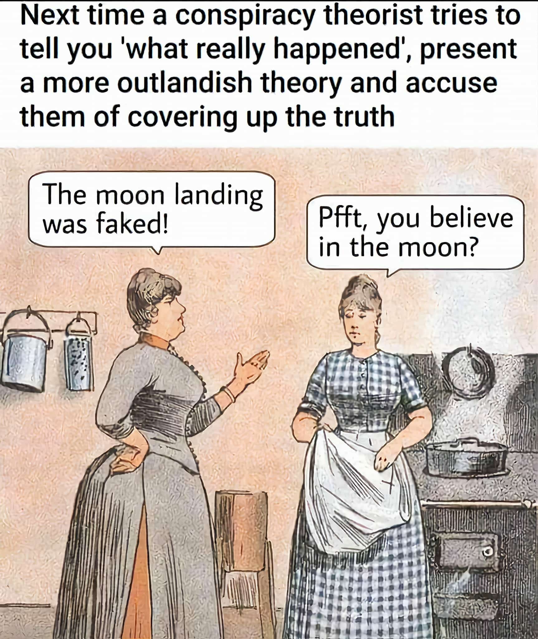 Vintage illustration of two women in a kitchen with speech bubbles debating moon landing conspiracy.