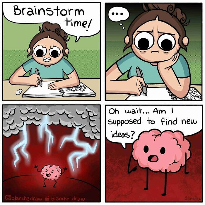 Four-panel comic showing a person starting to brainstorm, struggling to find ideas, then a tiny brain causing a storm and admitting confusion about generating ideas.