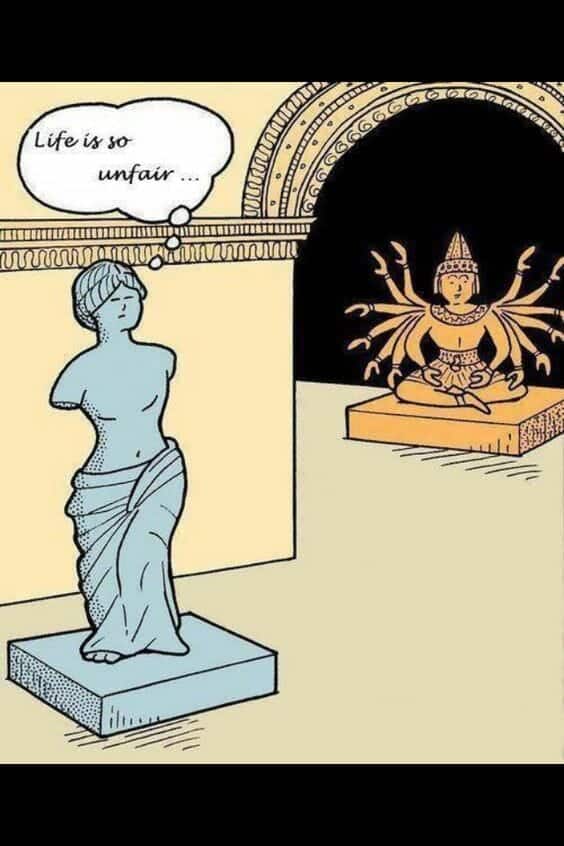 Cartoon showing Venus de Milo statue thinking 'Life is so unfair' looking at a multi-armed Hindu statue.
