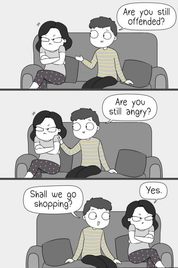 A three-panel cartoon showing a woman sitting cross-armed and angry on a couch while a man tries to make peace, ending with her agreeing to go shopping but still visibly upset.