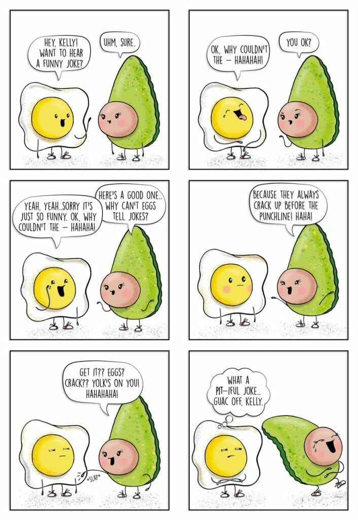 A comic strip featuring a fried egg and an avocado having a pun-filled joke battle.