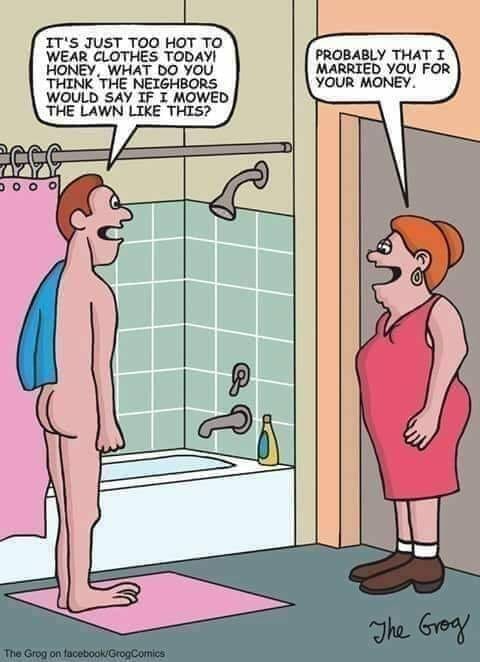 Cartoon of a naked man in a bathroom talking to a woman in a dress, discussing mowing the lawn nude.
