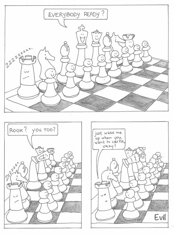 Black and white cartoon of chess pieces with rook sleeping and king asking about castling.