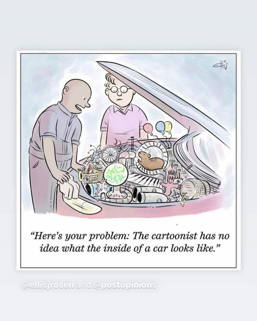Cartoon showing a car's open hood filled with random objects like balloons, a hamster, and musical instruments, with two people looking puzzled.