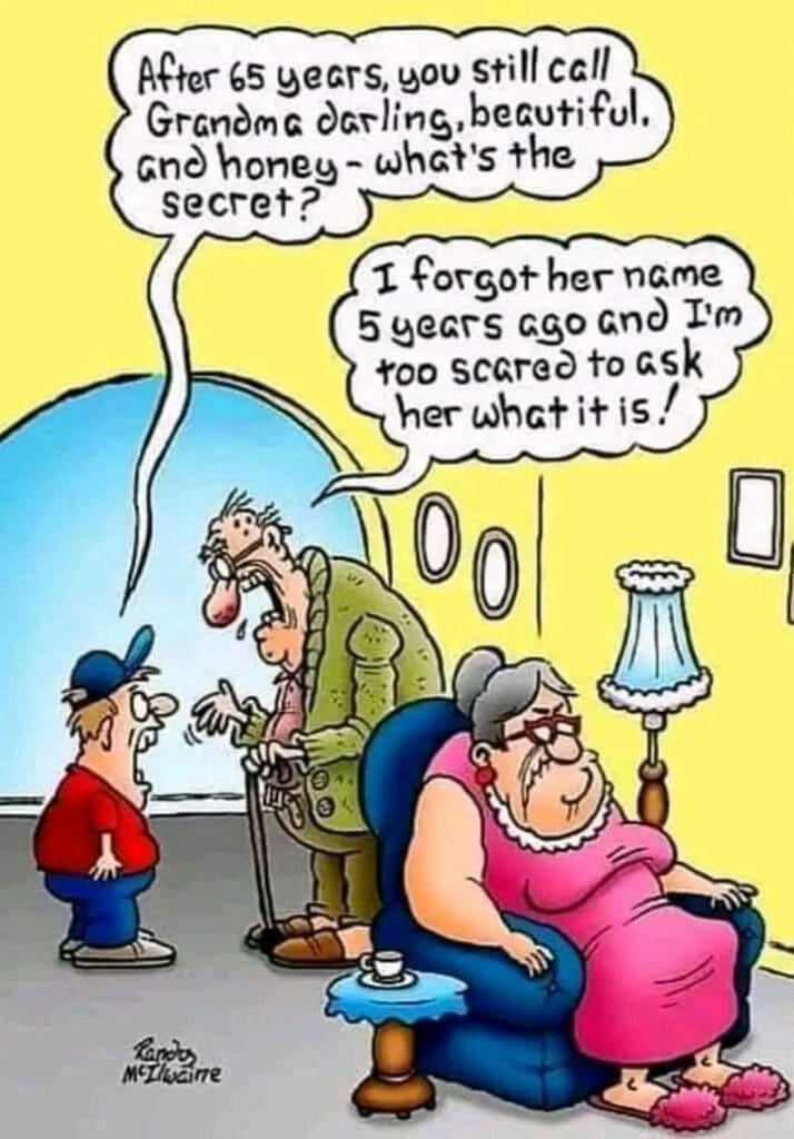 Cartoon of an elderly couple with a visitor, the man says he forgot his wife's name years ago and is afraid to ask her.
