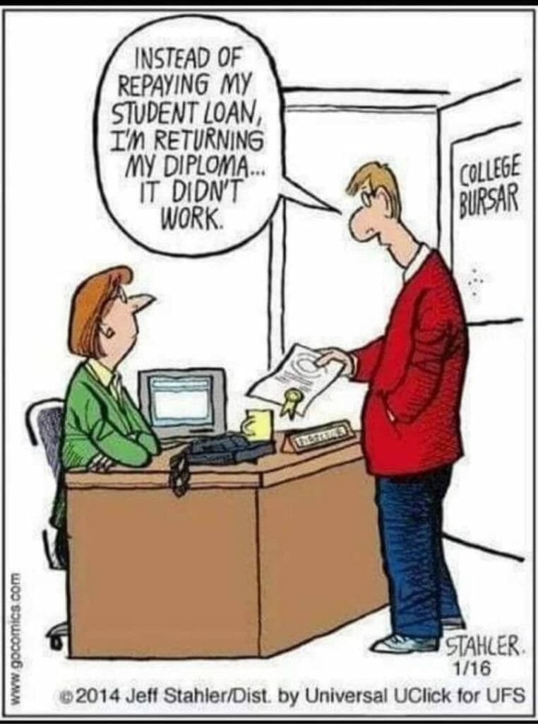 Cartoon of a man at a college bursar's office returning his diploma.