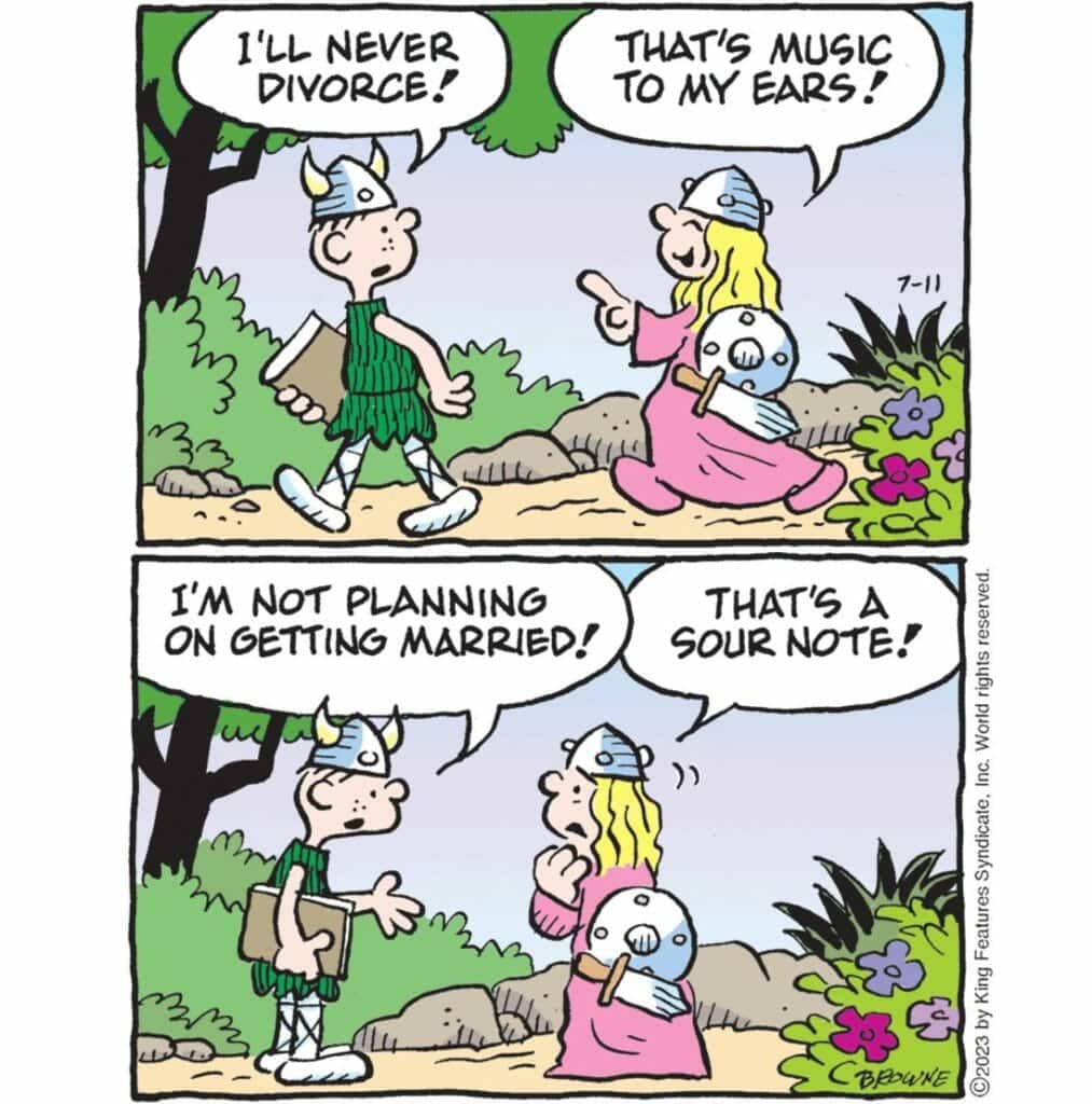 Two Vikings dressed for battle having a conversation about divorce and marriage, with humorous dialogue bubbles.