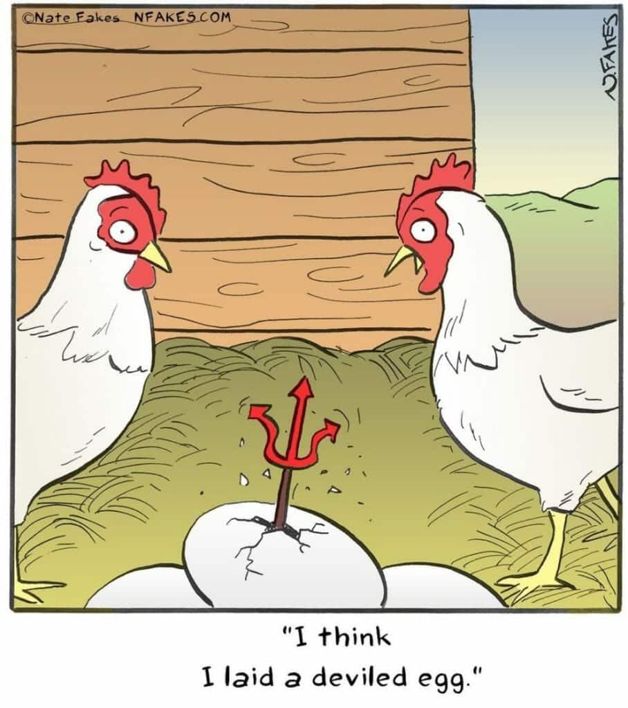 Cartoon showing chickens looking at an egg cracked open with a small red devil's pitchfork emerging from it.