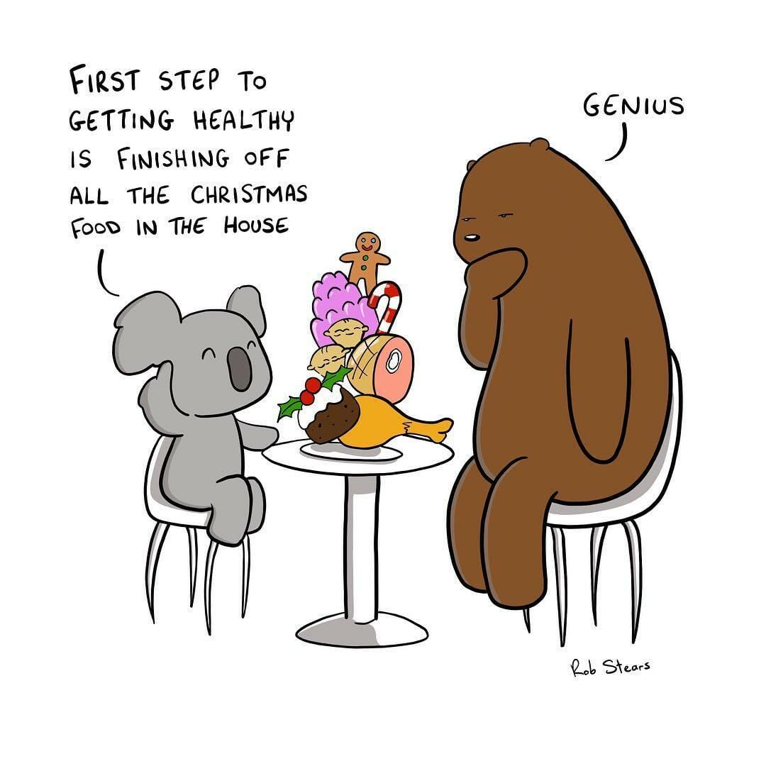 Two cartoon animals sitting at a table piled with Christmas food discussing a humorous approach to getting healthy.