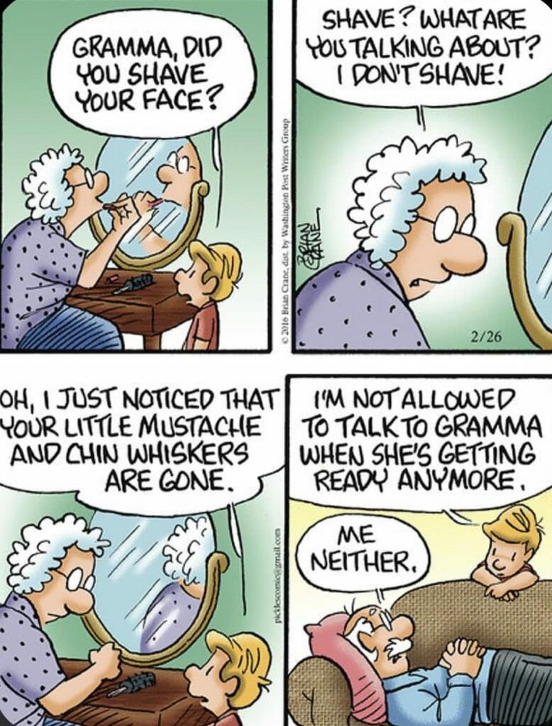 Cartoon of grandma looking in mirror while child talks to her, then grandma and man talking on couch.