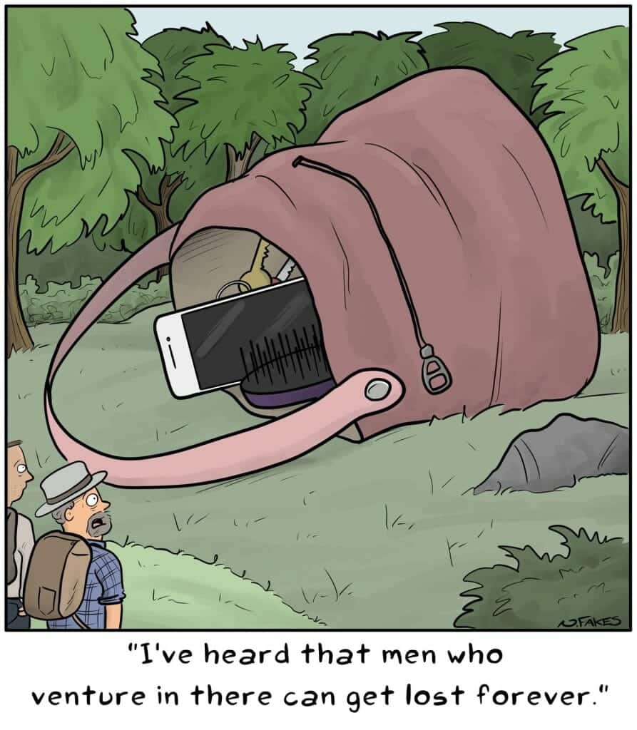 Two men looking at a huge handbag lying open in a forest clearing, with items like keys and a phone visible inside.