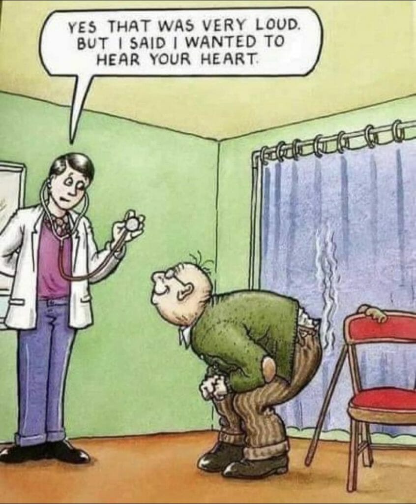 Cartoon of a doctor holding a stethoscope while an older man bent over is passing gas
