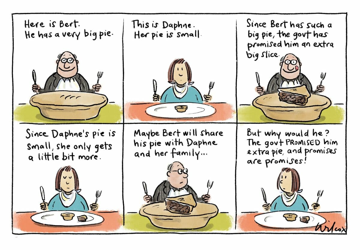 Comic strip showing a man with a large pie, a woman with a small pie, and a commentary on government promises to give the man an extra slice, while the woman gets only crumbs.