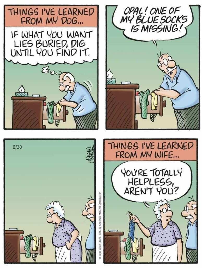 Comic strip showing an elderly man finding a missing sock, then his wife telling him he's helpless.