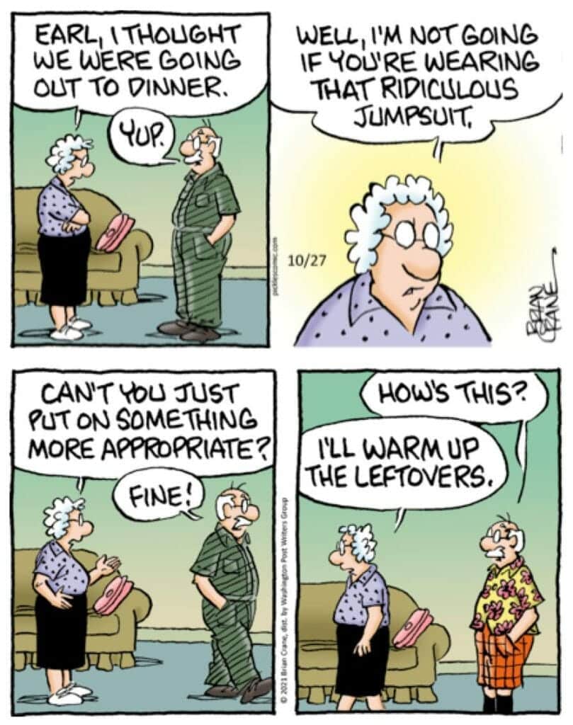Comic strip of an older couple discussing dinner plans and clothing, ending with the man changing into a colorful casual outfit.