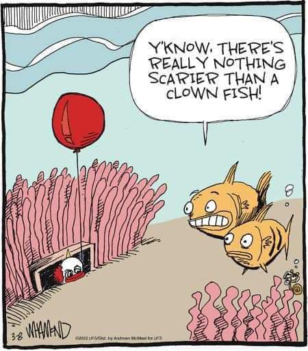 Two worried fish looking at a creepy clown peeking out of a coral cave holding a red balloon underwater.