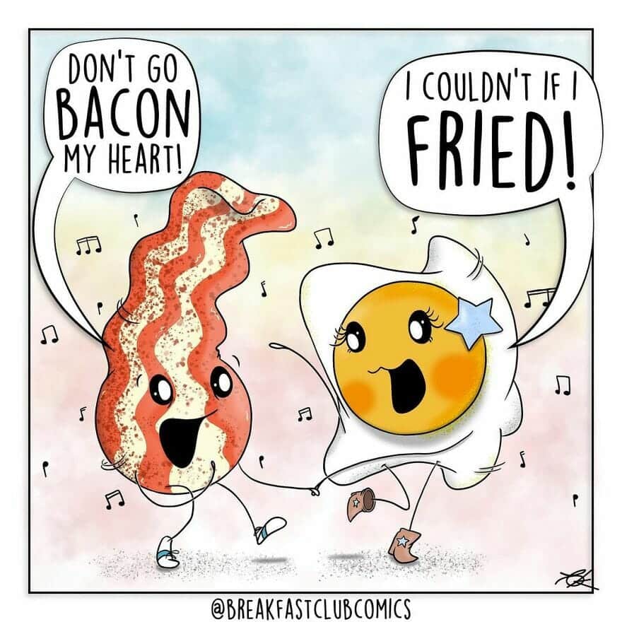 Cartoon of a happy strip of bacon and a sunny-side-up egg dancing and singing together.