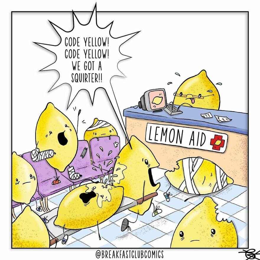 Cartoon lemons in a hospital waiting room with one lemon squirting juice, others bandaged, at Lemon Aid reception.