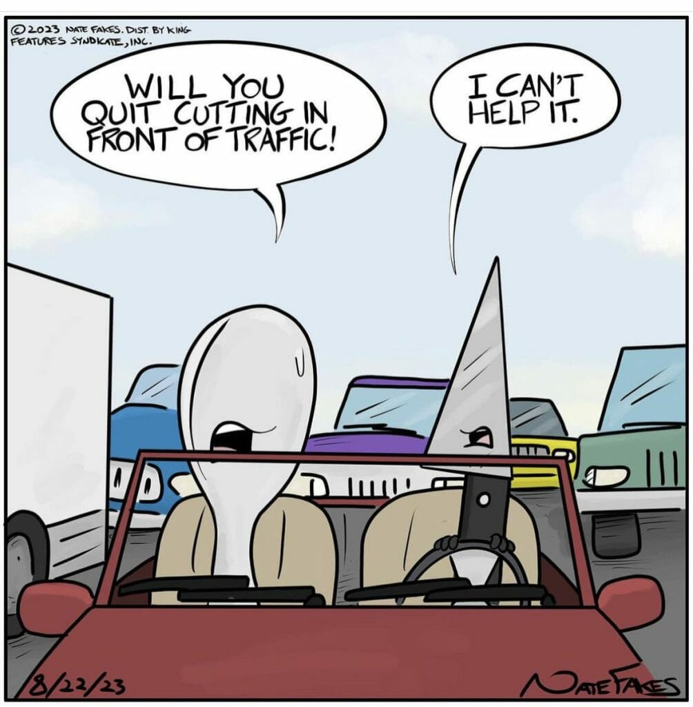 A cartoon showing a spoon and a knife in a car with the knife cutting in front of traffic.
