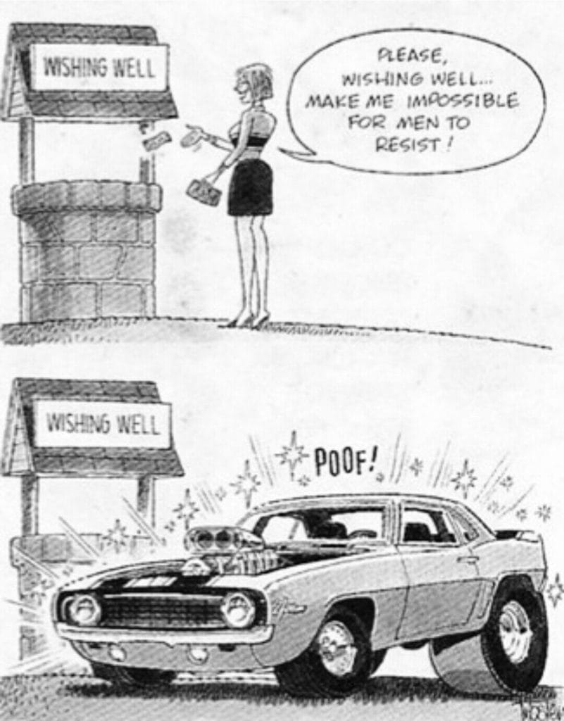 Cartoon of a woman making a wish at a wishing well, then a muscle car appears with a 'poof'