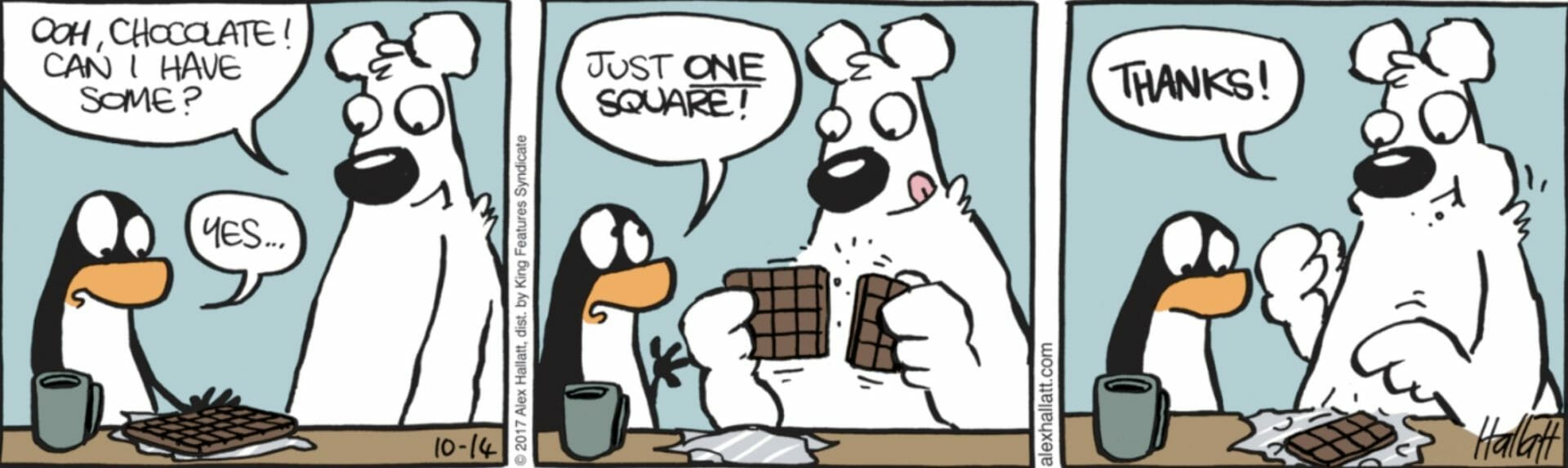 Comic strip showing a penguin asking a polar bear for chocolate and the bear reluctantly giving one square of chocolate.