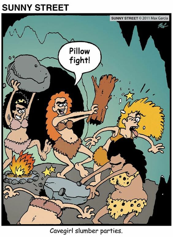 Cartoon of cavegirls having a pillow fight using rocks and wooden clubs inside a cave.