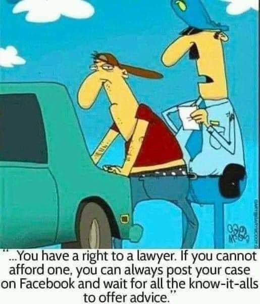 Cartoon of a police officer talking to a man leaning on his car with text about Facebook legal advice.
