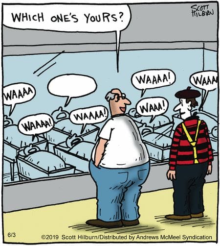 A man and a mime standing in front of a nursery window filled with several crying babies, each making 'WAAAA' sounds.