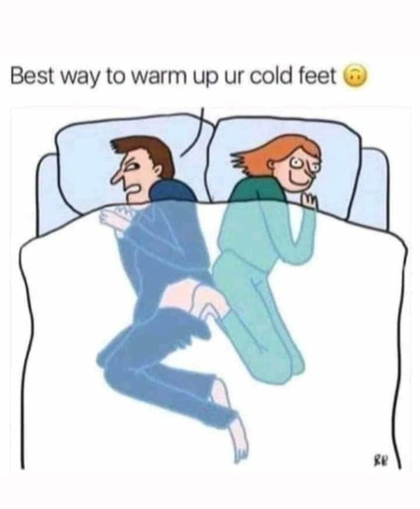 Cartoon of a couple lying in bed with the man sneaking his leg over the woman's back to share warmth.