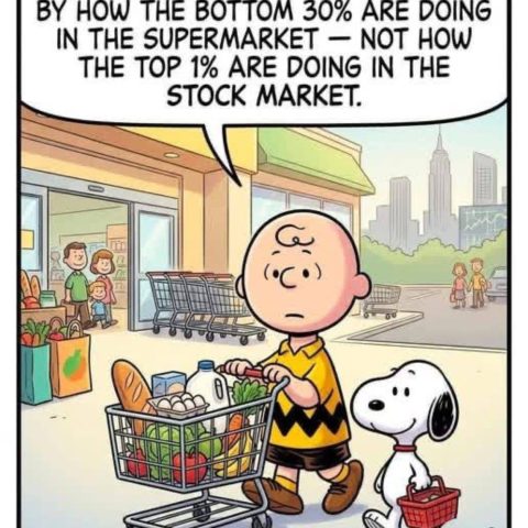 Charlie Brown pushes a grocery cart full of food with Snoopy beside him carrying a small basket, outside a supermarket with a city skyline in the background.