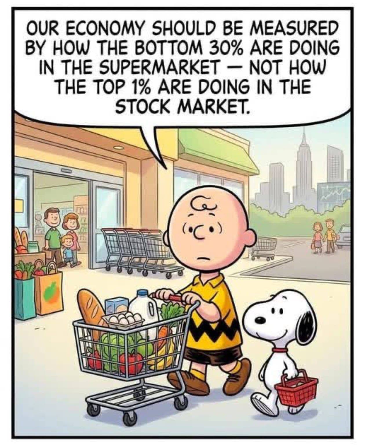 Charlie Brown pushes a grocery cart full of food with Snoopy beside him carrying a small basket, outside a supermarket with a city skyline in the background.