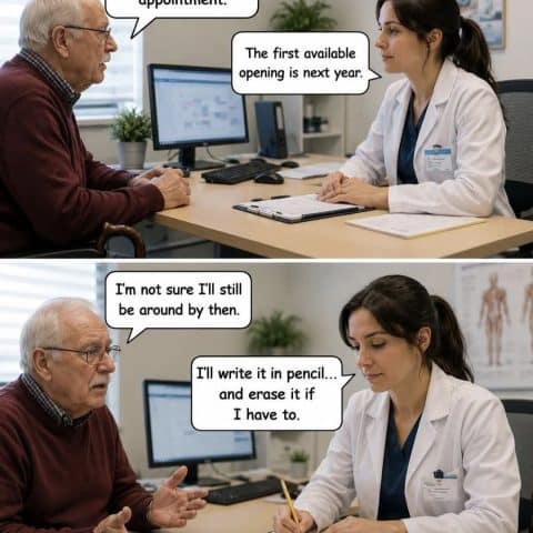 An elderly man in a medical office talking to a female doctor. The man requests a rehabilitation appointment and expresses doubt about his longevity before the appointment. The doctor responds by saying she'll write it in pencil and erase if needed.