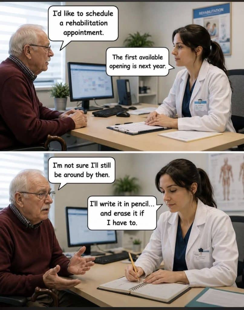An elderly man in a medical office talking to a female doctor. The man requests a rehabilitation appointment and expresses doubt about his longevity before the appointment. The doctor responds by saying she'll write it in pencil and erase if needed.