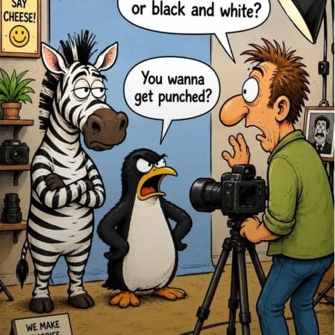 A cartoon scene shows an annoyed penguin and a zebra in a photoshoot setting. The photographer asks if they want the photo in color or black and white. The penguin angrily replies, 'You wanna get punched?'