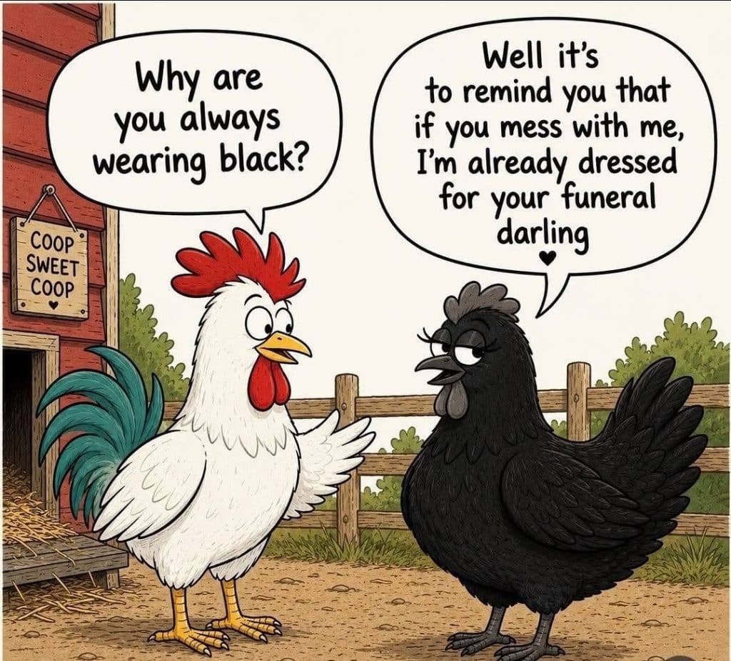 A white rooster asks a black hen why she always wears black near a wooden coop with a sign saying 'Coop Sweet Coop'. The black hen responds that she dresses for the rooster's funeral if he messes with her.