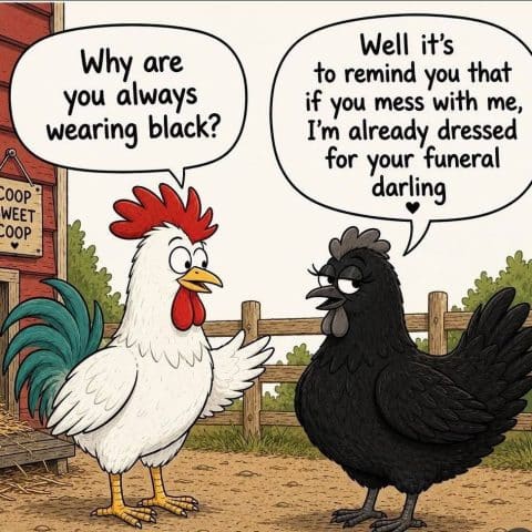 A white rooster asks a black hen why she always wears black near a wooden coop with a sign saying 'Coop Sweet Coop'. The black hen responds that she dresses for the rooster's funeral if he messes with her.