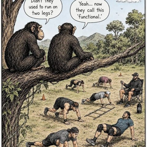Two monkeys sitting on a tree branch overlooking a group of humans doing bear crawls and other exercises in an outdoor training session.