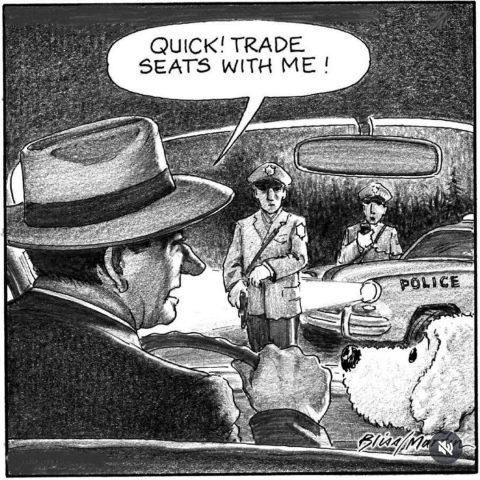 Man in hat driving a car with a dog in passenger seat, police officers outside with flashlight, man asking dog to trade seats quickly.
