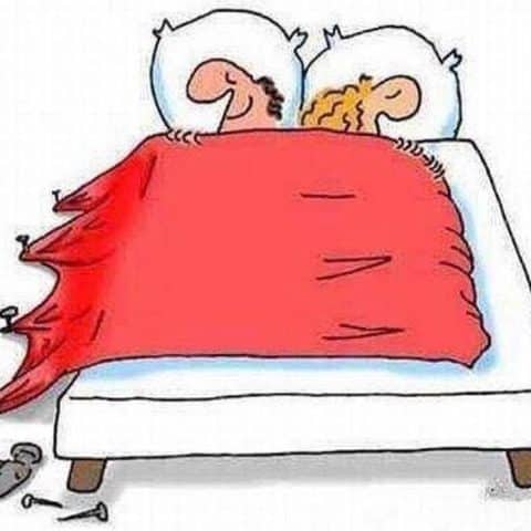 Cartoon of a couple lying in bed under a red blanket, with one side shredded and nails pulled from the bed frame by a hammer on the floor.