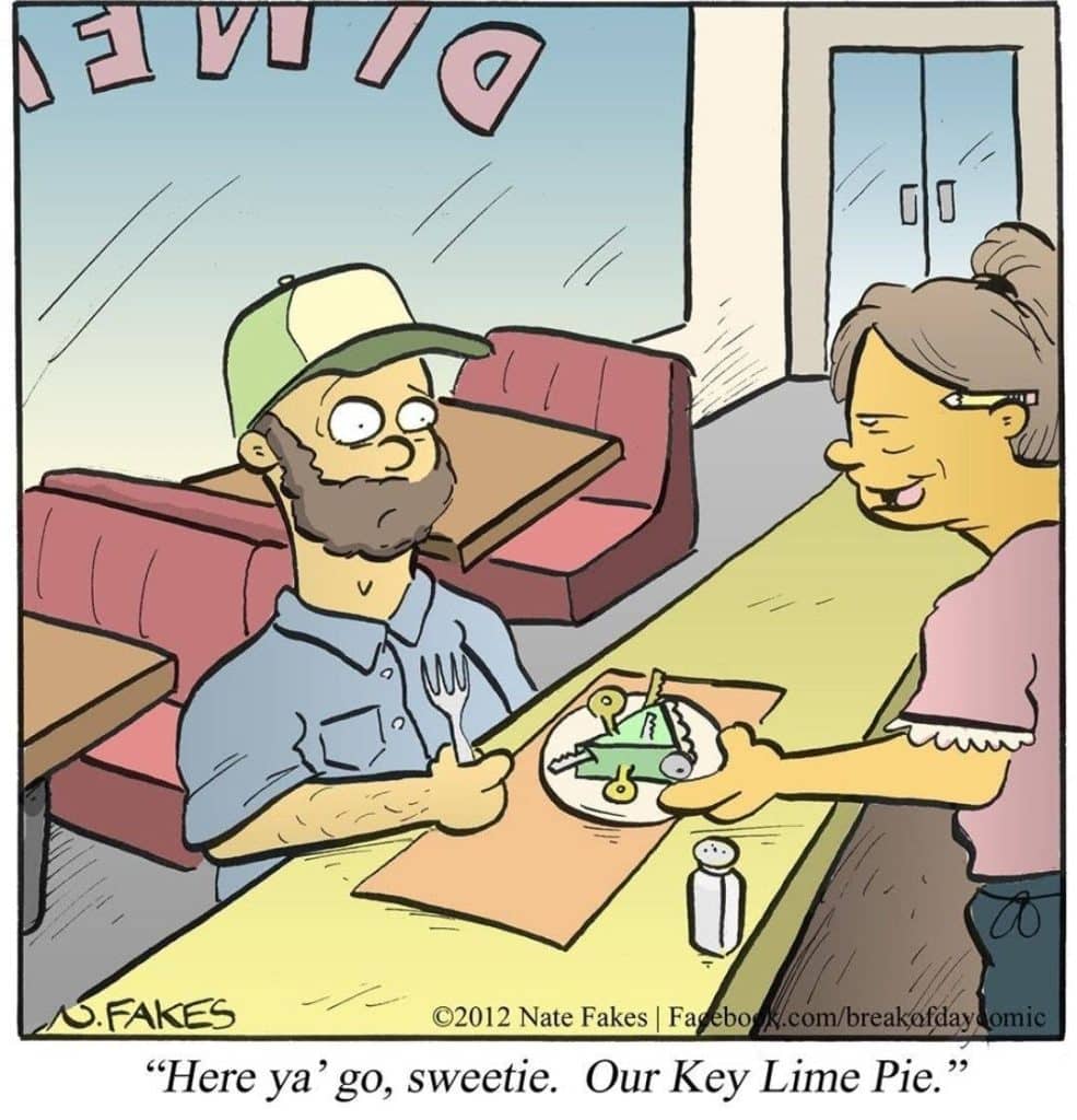 A cartoon of a woman handing a man a plate with a slice of pie made of keys and limes in a diner setting.