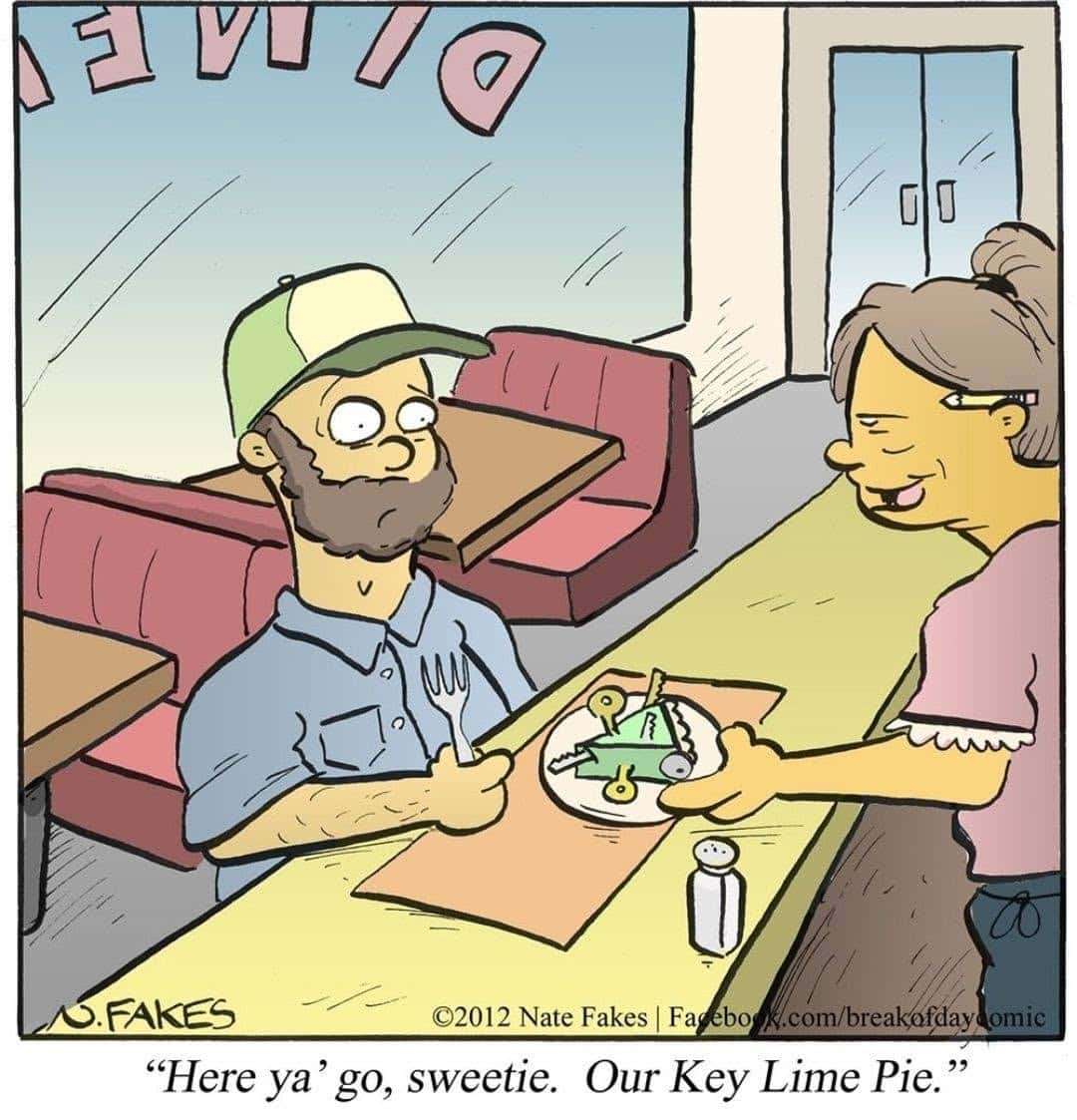 A man with a beard and cap sits at a diner table holding a fork. A waitress hands him a plate with a slice of pie made out of metal keys and lime wedges.