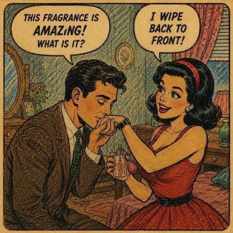 A vintage comic scene with a man sniffing a woman's hand as she holds a perfume bottle and smiles in a warmly decorated room.
