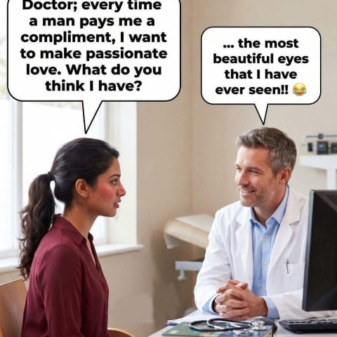 A woman sitting and talking seriously to a smiling male doctor in an office, with speech bubbles showing their humorous conversation about compliments and romantic urges.