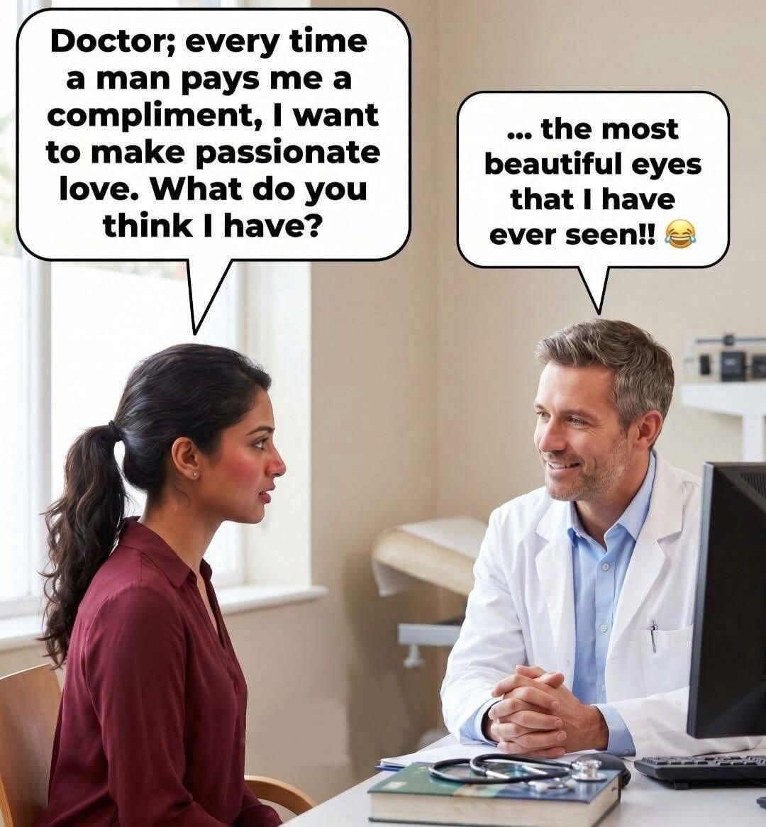 A woman sitting and talking seriously to a smiling male doctor in an office, with speech bubbles showing their humorous conversation about compliments and romantic urges.