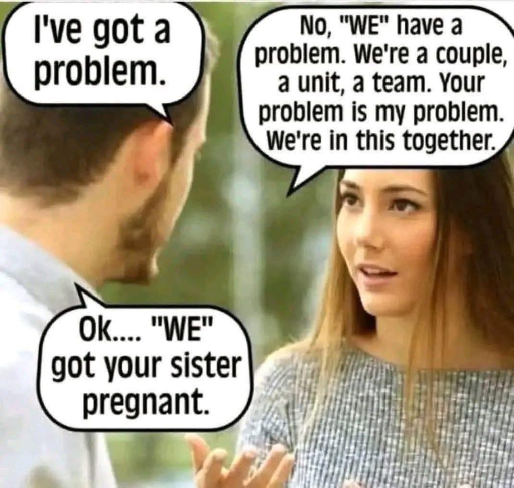 A woman and a man having a serious conversation with speech bubbles showing their dialogue about a shared problem and a surprising revelation about pregnancy.
